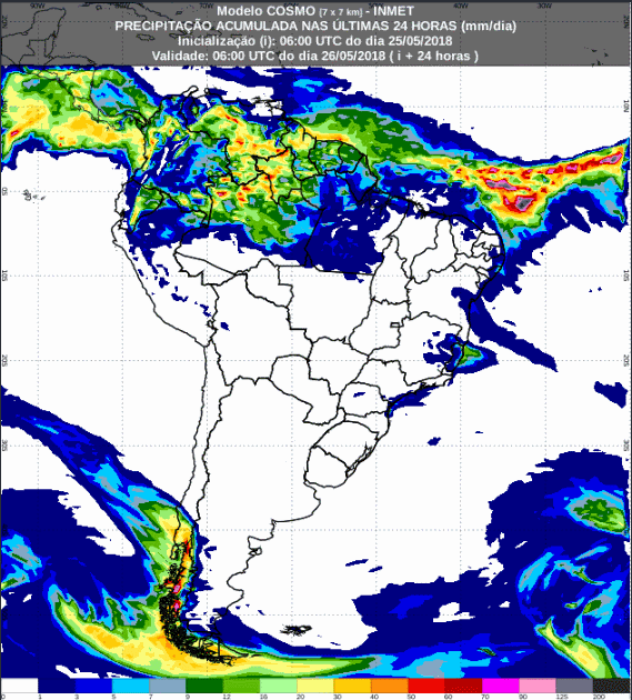 Mapa com a previsão de precipitação para até 72 horas (26/05 a 28/05) em todo o Brasil - Fonte: Inmet