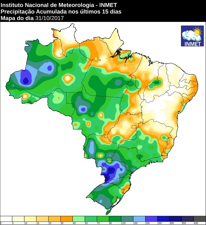 Mapa com a precipitação acumulada nos últimos dez dias para todo o Brasil - Fonte: Inmet