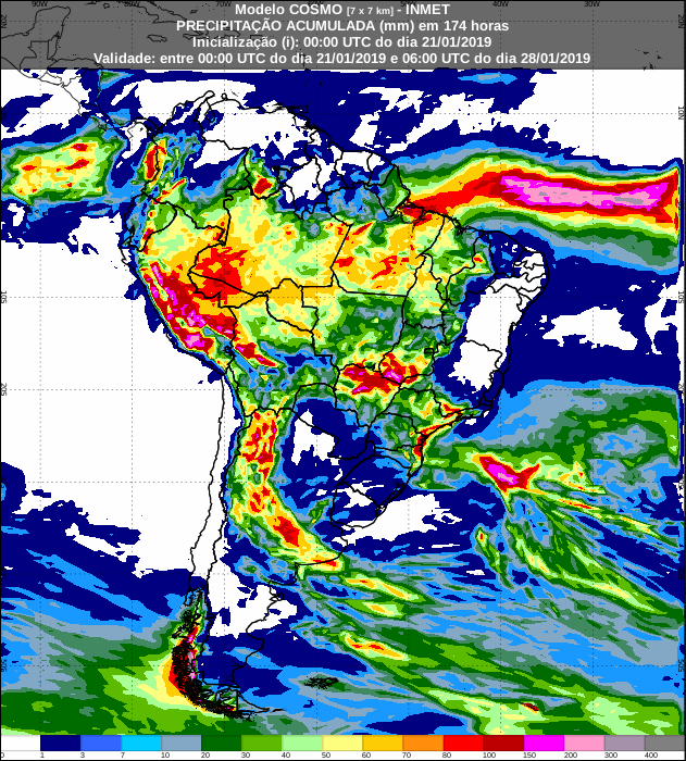 Mapa de previsão de precipitação acumulada para os próximos 7 dias em todo o Brasil - Fonte: Inmet