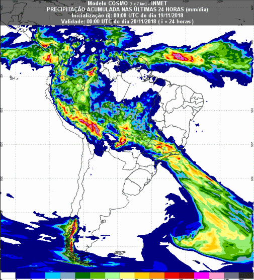 Mapa com a previsão de precipitação acumulada para até 72 horas (20/11 a 22/11) em todo o Brasil - Fonte: Inmet