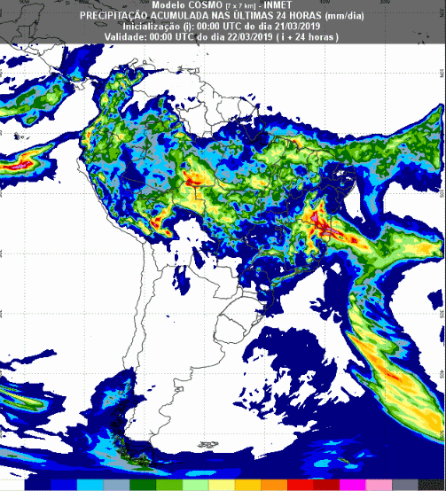 Mapa com a previsão de precipitação acumulada para até 72 horas (22/03 a 24/03) em todo o Brasil - Fonte: Inmet