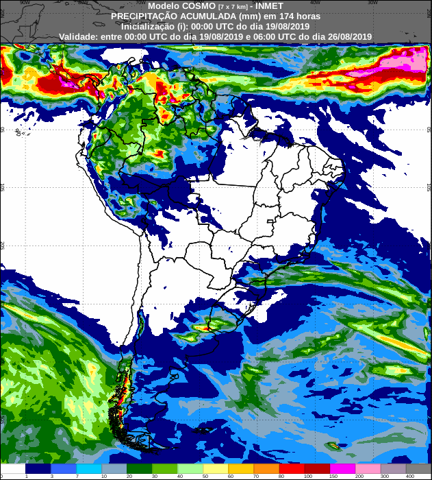 Mapa com a precipitação acumulada nos próximos sete dias em todo o Brasil - Fonte: Inmet