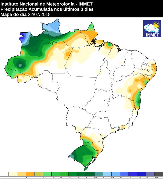 Mapa das áreas com precipitação acumulada nos últimos três dias em todo o Brasil - Fonte: Inmet