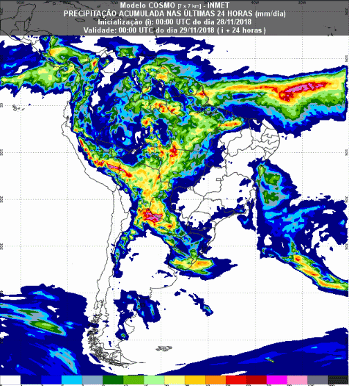Mapa com a previsão de precipitação acumulada para até 72 horas (29/11 a 01/12) em todo o Brasil - Fonte: Inmet
