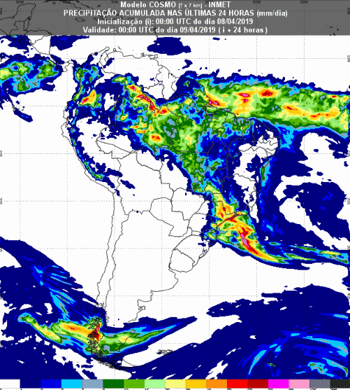 Mapa com a previsão de precipitação acumulada para até 72 horas (09/04 a 11/04) em todo o Brasil - Fonte: Inmet