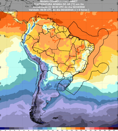 Mapa com a previsão de temperatura mínima para até 72 horas (04/10 a 06/10) em todo o Brasil - Fonte: Inmet