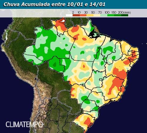 Mapa de chuva acumulada entre 10/01 e 14/01 em todo o Brasil - Fonte: Climatempo