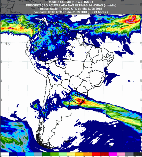 Mapa com a previsão de precipitação acumulada para até 72 horas (01/09 a 03/09) em todo o Brasil - Fonte: Inmet