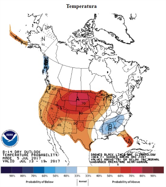 Temperaturas nos EUA nos próximos 8 a 14 dias - Fonte: NOAA