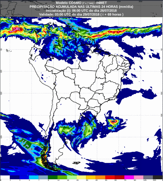 Mapa com a previsão de precipitação acumulada para até 72 horas (27/07 a 29/07) em todo o Brasil - Fonte: Inmet