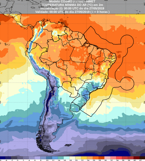 Mapa com a previsão de temperatura mínima para até 93 horas (27/05 a 30/05) em todo o Brasil - Fonte: Inmet