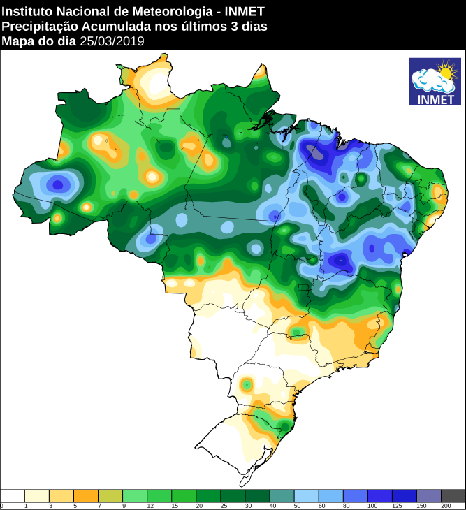 Mapa de precipitação acumulada nos últimos 3 dias no Brasil - Fonte: Inmet