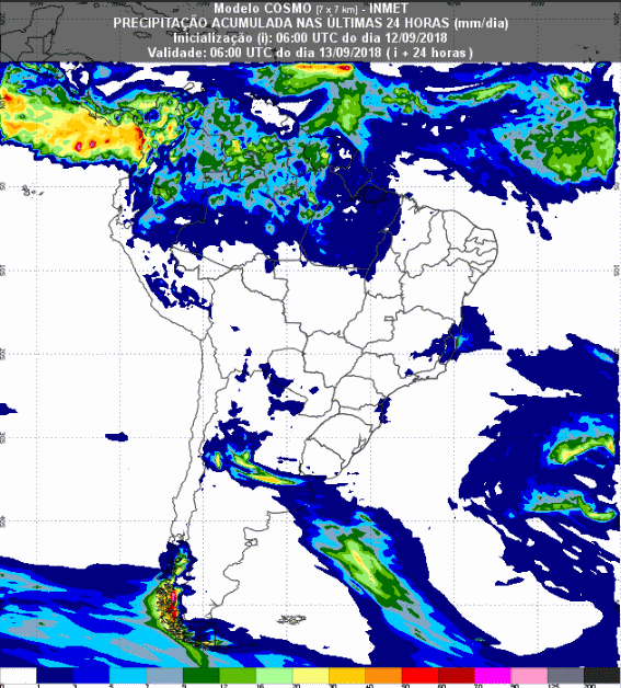 Mapa com a previsão de precipitação acumulada para até 72 horas (13/08 a 15/09) em todo o Brasil - Fonte: Inmet