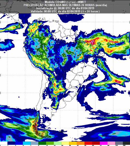 Mapa com a previsão de precipitação acumulada para até 72 horas (02/04 a 04/04) em todo o Brasil - Fonte: Inmet