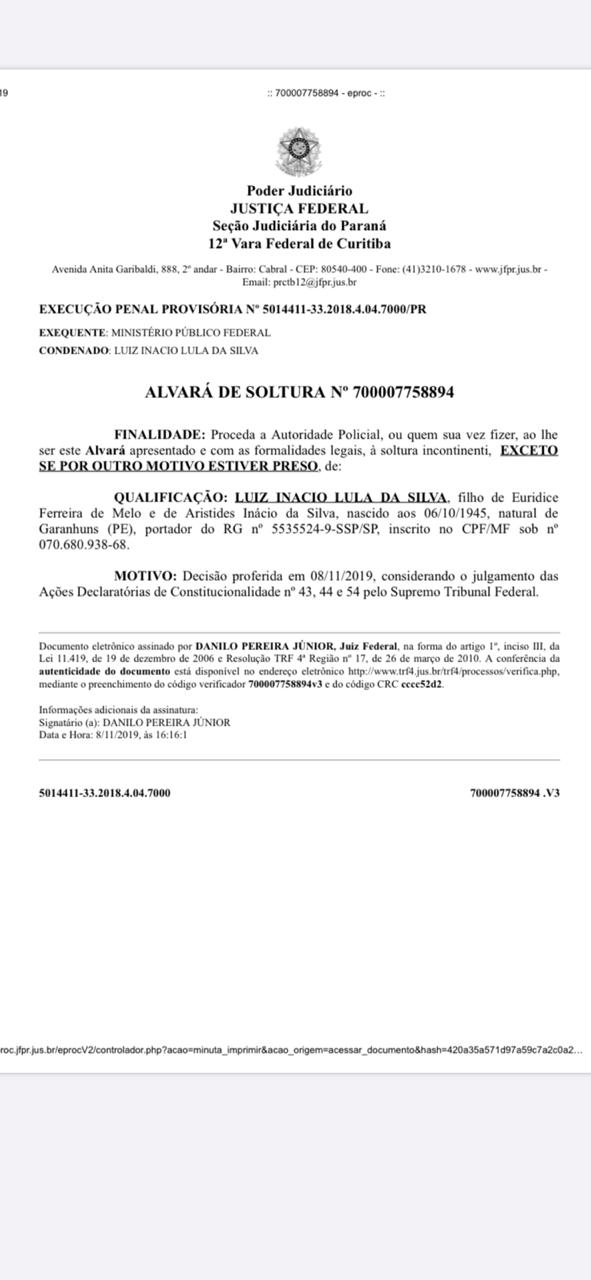 Alvará de soltura - Lula