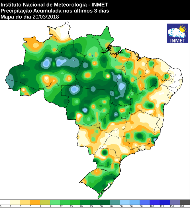 Mapa com a precipitação acumulada em todo o Brasil nos últimos três dias - Fonte: Inmet