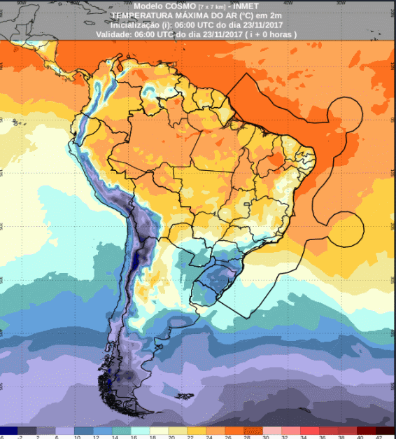 Mapa com a previsão de temperaturas máximas para até 72 horas (24/11 a 26/11) para todo o Brasil - Fonte: Inmet