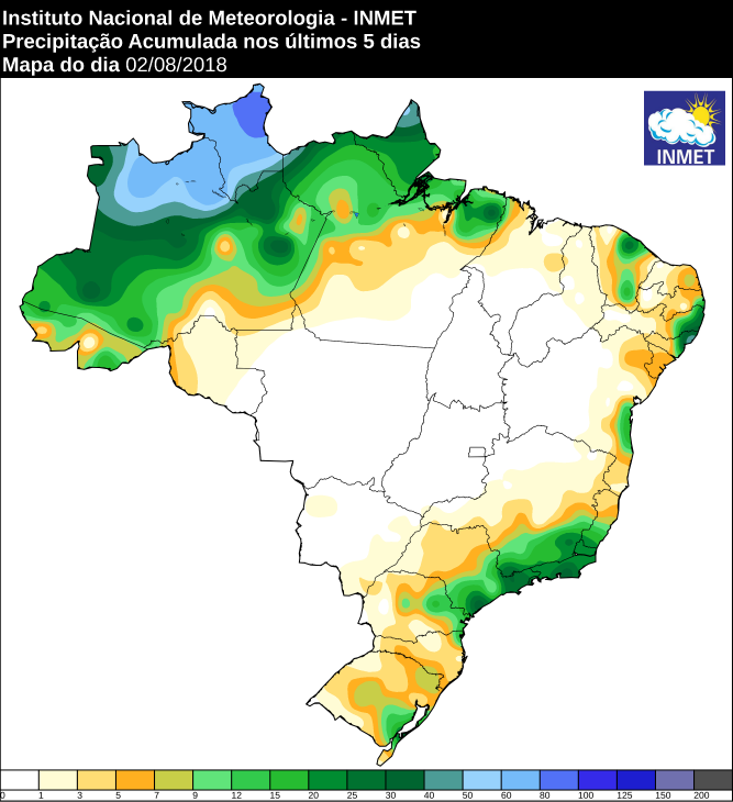 Mapa das áreas com precipitação acumulada nos últimos cinco dias em todo o Brasil - Fonte: Inmet