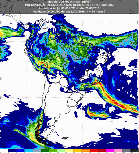 Mapa com a previsão de precipitação acumulada para até 72 horas (22/03 a 24/03) para todo o Brasil - Fonte: Inmet