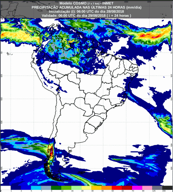 Mapa com a previsão de precipitação acumulada para até 72 horas (29/08 a 31/08) em todo o Brasil - Fonte: Inmet