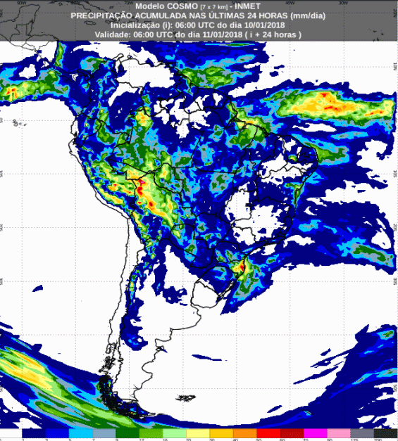 Mapa com a previsão de precipitação acumulada para até 72 horas (10/12 a 12/01) para todo o Brasil - Fonte: Inmet