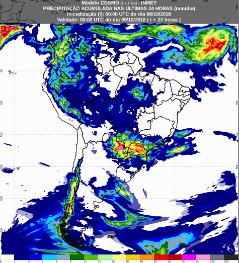 Mapa com a previsão de precipitação acumulada para até 72 horas (09/10 a 11/10) em todo o Brasil - Fonte: Inmet