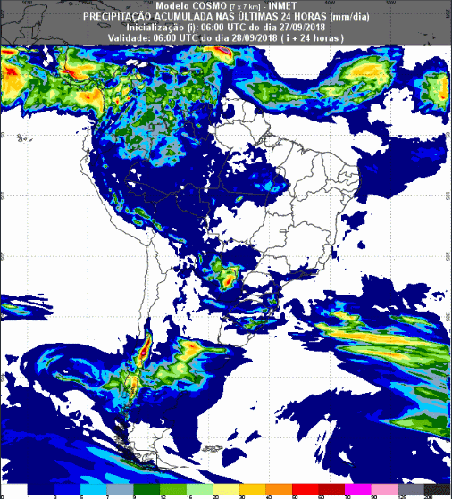 Mapa com a previsão de precipitação acumulada para até 72 horas (28/08 a 30/09) em todo o Brasil - Fonte: Inmet