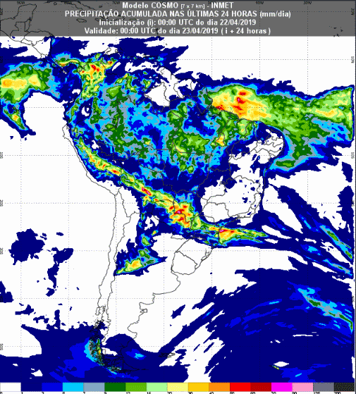 Mapa com a previsão de precipitação acumulada para até 93 horas (23/04 a 25/04) em todo o Brasil - Fonte: Inmet