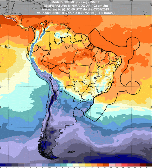 Mapa com a previsão de temperatura mínima para até 93 horas (02/07 a 05/07) em todo o Brasil - Fonte: Inmet