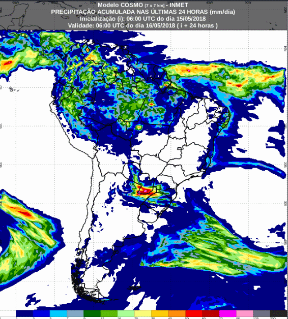 Mapa com a previsão de precipitação acumulada para até 72 horas (16/05 a 18/05) para todo o Brasil - Fonte: Inmet