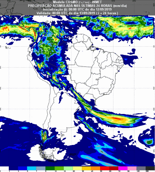 Mapa com a previsão de precipitação acumulada para até 93 horas (13/09 a 15/09) em todo o Brasil - Fonte: Inmet