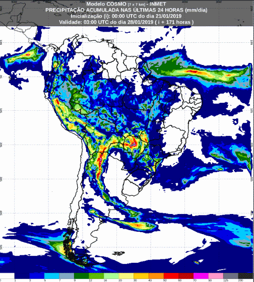 Mapa com a previsão de precipitação acumulada para até 174 horas (22/01 a 28/01) em todo o Brasil - Fonte: Inmet