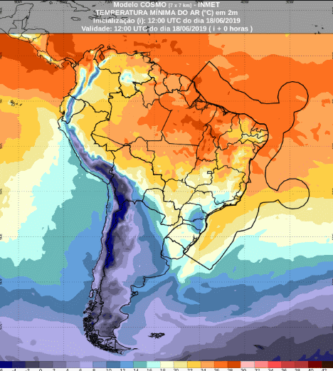 Mapa com a previsão de temperatura mínima para até 93 horas (19/06 a 22/06) em todo o Brasil - Fonte: Inmet