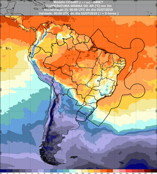 Mapa com a previsão de temperatura mínima para até 93 horas (01/07 a 04/07) em todo o Brasil - Fonte: Inmet
