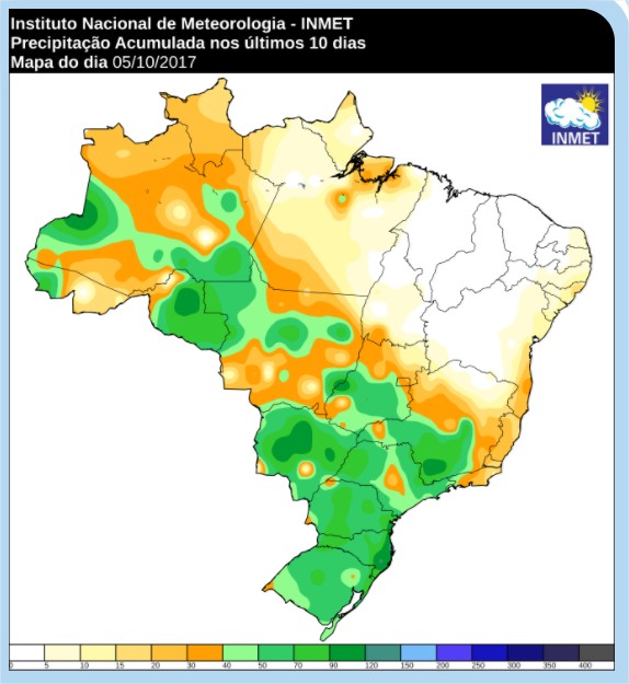 Chuvas acumuladas nos últimos 10 dias - Inmet