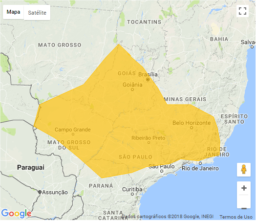 Mapa com previsão de ocorrência de fenômeno meteorológico - Fonte: CPTEC/Inpe