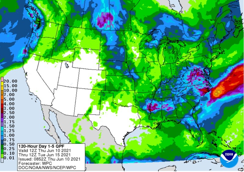 Chuvas nos EUA 10 a 15 de junho - Fonte: NOAA