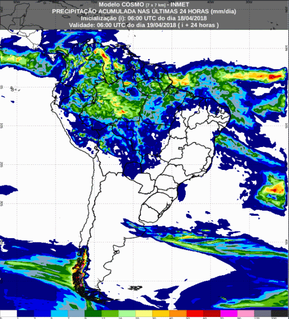 Mapa com a previsão de precipitação acumulada para até 72 horas (19/04 a 21/04) para todo o Brasil - Fonte: Inmet