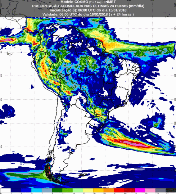 Mapa com a previsão de precipitação acumulada para até 72 horas (16/01 a 18/01) para todo o Brasil - Fonte: Inmet