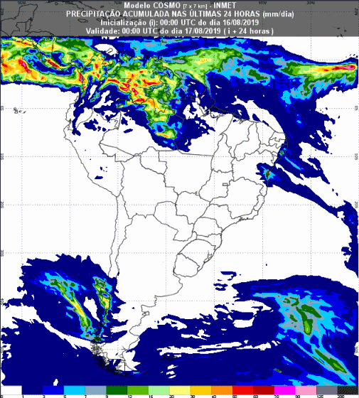 Mapa com a previsão de precipitação acumulada para até 93 horas (17/08 a 19/08) em todo o Brasil - Fonte: Inmet