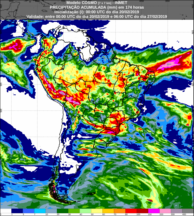 Mapa de previsão de precipitação acumulada nos próximos 7 dias em todo o Brasil - Fonte: Inmet