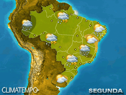 Mapa com a previsão do tempo para todo o Brasil nesta 2ª feira - Fonte: Climatempo