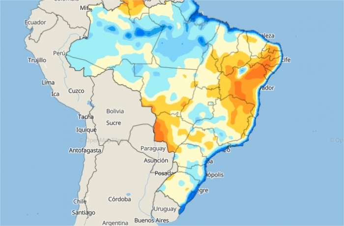 Mapa de água disponível no solo em todo o Brasil - Fonte: Inmet