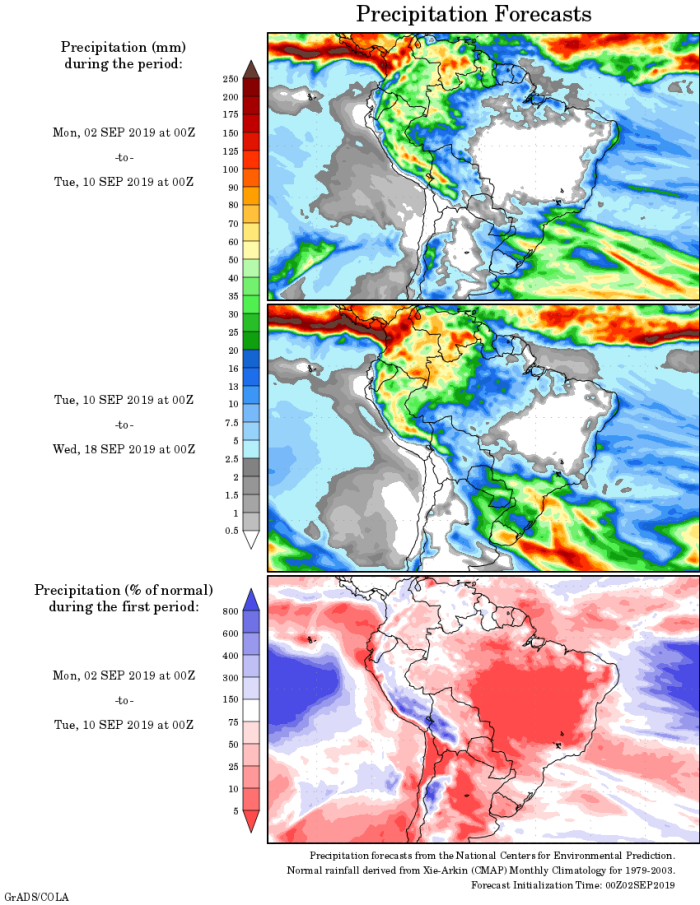 Mapa com a tendência de precipitação acumulada para o período de 02 até 18 de setembro - Fonte: National Centers for Environmental Prediction/NOAA