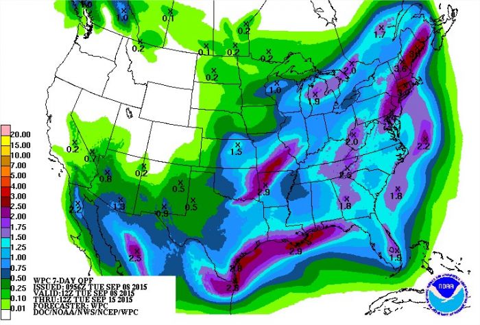 Previsão de chuvas para os EUA nos próximos 7 dias - Fonte: NOAA