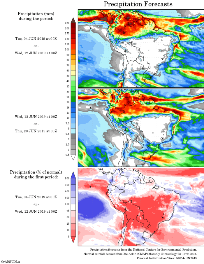 Mapa com a tendência de precipitação acumulada para o período de 04 até 20 de junho - Fonte: National Centers for Environmental Prediction/NOAA