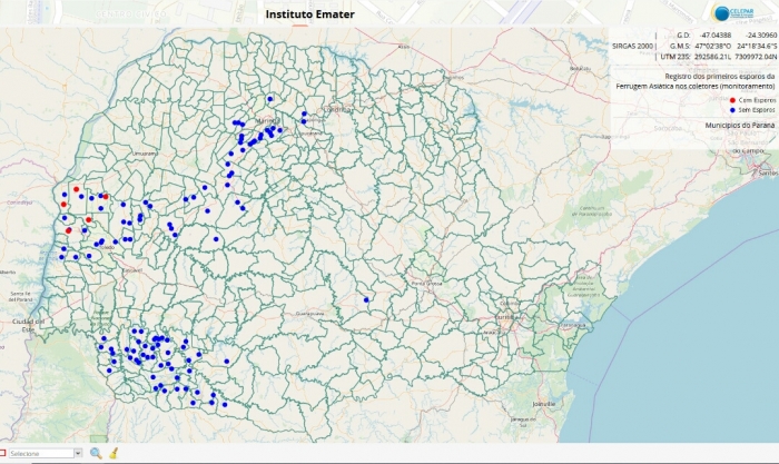 Sistema GeoEmater da Emater-PR detectou cinco esporos de ferrugem asiática da soja no estado