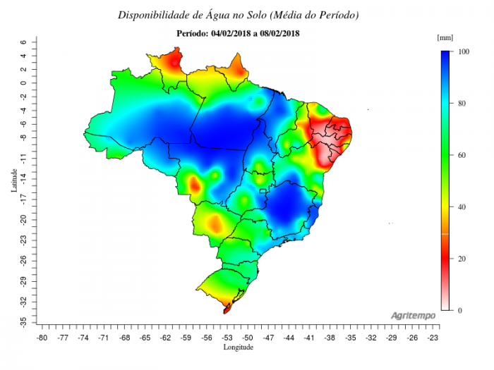 Mapa de disponibilidade de água no solo para todo o Brasil - Fonte: Agritempo