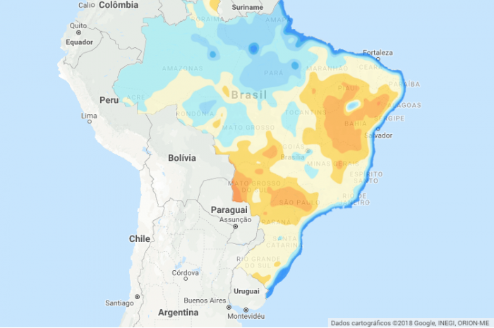 Mapa água disponível no solo em todo o Brasil até o dia 25 de abril  - Fonte: Climatempo