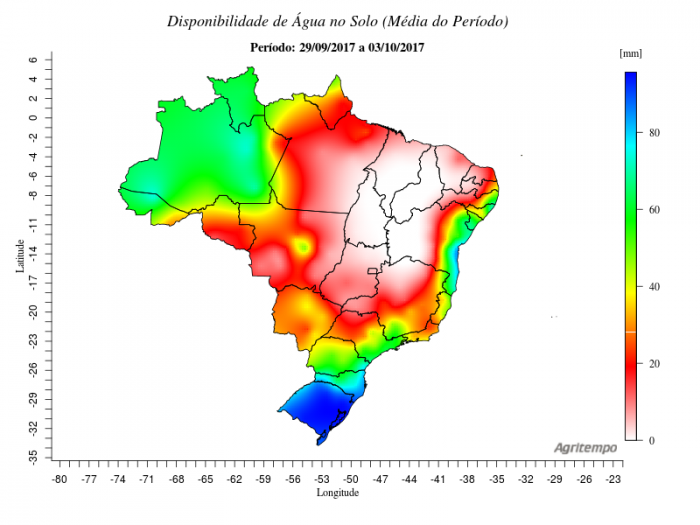 Disponibilidade de água no solo de 29 /09 a 03/10 para todo o Brasil - Fonte: Agritempo